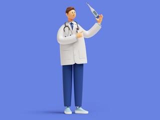 Wall Mural - 3d render, doctor cartoon character wearing white lab coat with stethoscope, standing and holding thermometer. Clip art isolated on blue background