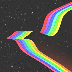 Canvas Print - Bird outline. Abstract pigeon silhouette in space. Rainbow and stars
