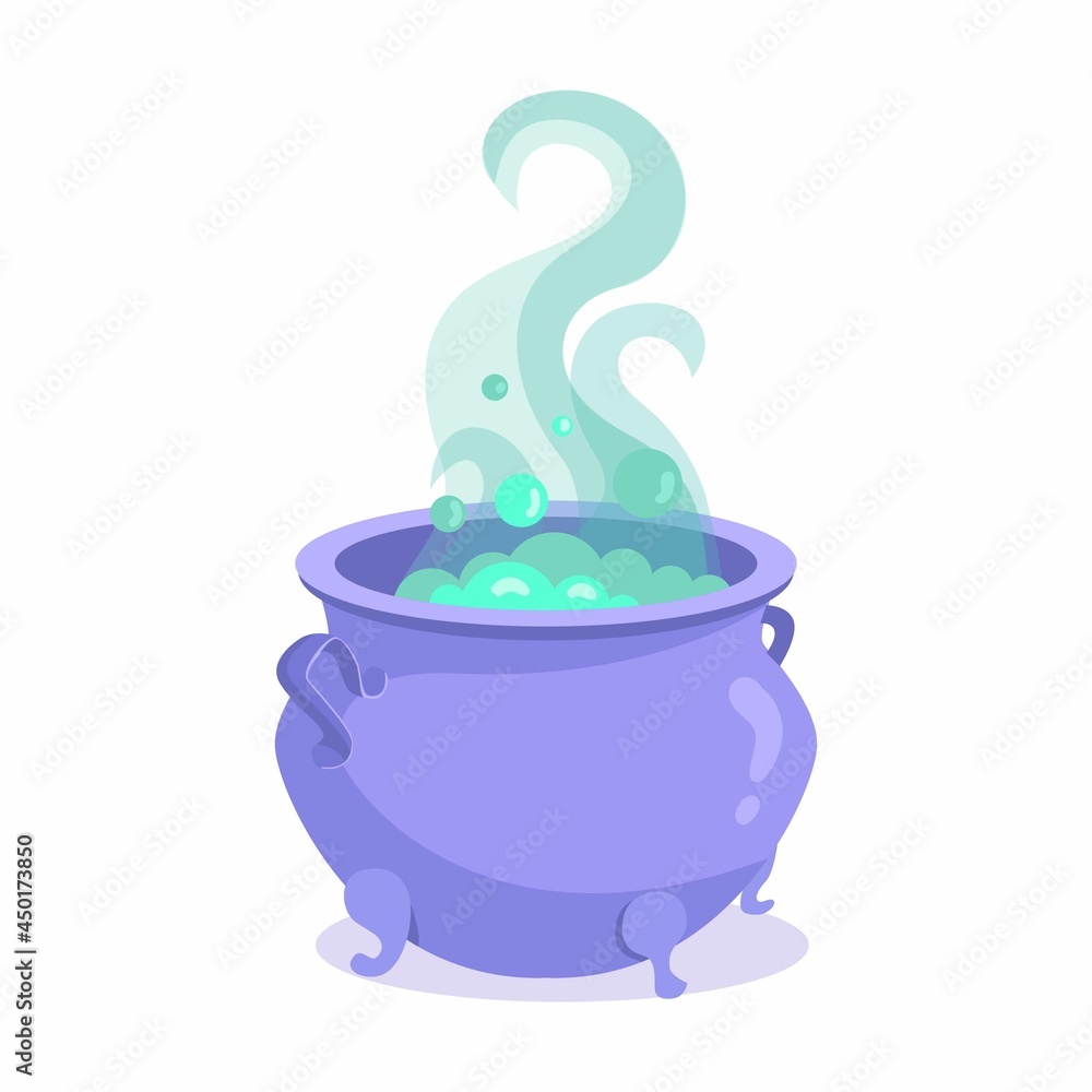 Halloween witches violet cauldron with poison potion isolated on white ...