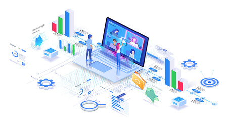 Fototapete - The concept of video conferencing, web communication. Team meeting online. Workspace page for video conferences and online meetings. Man, woman work remotely and conduct a corporate virtual discussion
