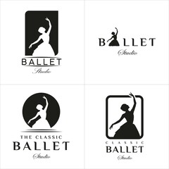 Set of Vintage Classic Logo Style for Ballet Studio Logo Design. With Woman in ballet suit on a black background. Luxury and Premium Logo