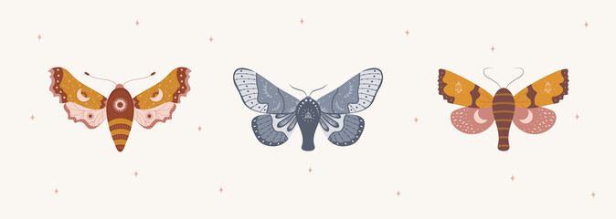 Wall Mural - Butterfly in bohemian style. Abstract hand drawn insects with moon, stars and constellation. Boho doodle magic set. Vintage vector illustration.