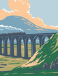 Art Deco or WPA poster of steam train on railway over Batty Moss or Ribblehead Viaduct in Yorkshire Dales National Park, northern England, United Kingdom done in works project administration style.