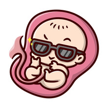 COOL UNBORN BABY IS WEARING SUNGLASSES AND SHOWING NASTY EXPRESSION. CARTOON ILLUSTRATION.