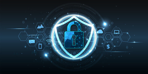 Fototapete - Internet security concept.Security of protect Internet computer virus attack with Padlock  lock icon on blue abstract background.