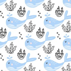 Wall Mural - Vector hand-drawn seamless pattern with whales. Childish pattern with whales and algae. Pattern for postcards, fabrics, prints.