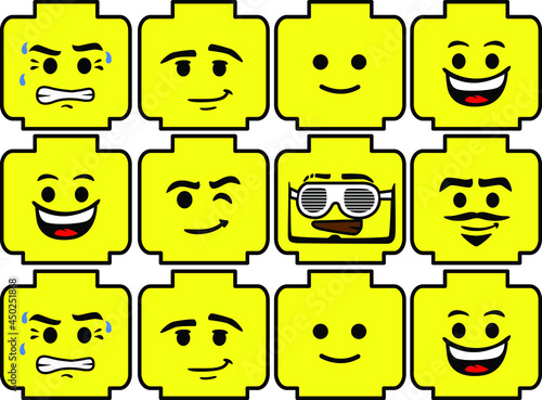 Lego Face Emotion, Angry, Happy, Cool, Smile, Expressions. Lego figure head. Vector illustration.