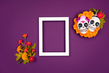Day Of The Dead, Dia De Los Muertos, Halloween Celebration Background. Sugar Skull Calaverita Marigolds Empty Frame, Purple Copy Space. Traditional Mexican Culture Festival Flyer. Flat Lay, Top View
