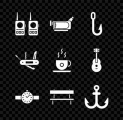 Canvas Print - Set Walkie talkie, Cinema camera, Fishing hook, Wrist watch, Bench, Anchor, Swiss army knife and Coffee cup icon. Vector