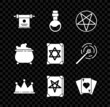 © Oksana - Set Magic scroll, Bottle with love potion, Pentagram in circle, Crown, Ancient magic book, Playing cards, Witch cauldron and icon. Vector