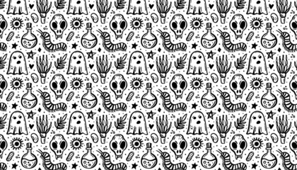 Wall Mural - Halloween. Day of dead. Black ink vector pattern, banner. Witch elements, ghost, skeleton, skull, poison bottle, insect, hand, bacteria, centipede, star, plant.