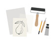 Hand-drawn tools for lino cutting or lino printing. Cutter, print ink, roller, lino block, paper with sketch, tracing paper, pencil. Vector illustration of art supplies, isolated on white. 