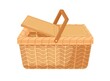 Empty picnic basket with lid and handle. Woven wicker container made from straw. Realistic basketwork. Colored flat vector illustration of wickerwork isolated on white background