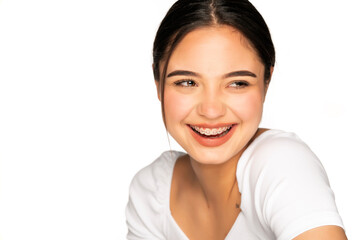 portrait of a young happy beautiful woman with braces