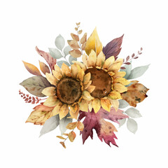 Wall Mural - watercolor vector autumn bouquet with sunflower, leaves and branches.