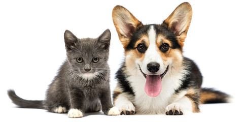 Wall Mural - cat and dog look on white background