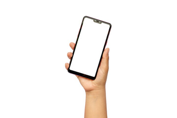 Wall Mural - hand holding phone with white screen isolated on white background with cut path