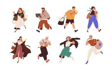 Wall Mural - Busy people are late, running fast, hurrying and doing business on the fly. Set of man and woman rushing, working and talking on phone on the go. Flat vector illustration isolated on white background