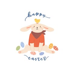Wall Mural - Cute bunny sitting with painted Eastern eggs isolated on white background. Funny rabbit with chicken on its head. Colored flat vector illustration with Happy Easter inscription
