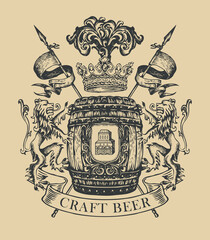 Wall Mural - hand-drawn banner for craft beer with a coat of arms in vintage style. black and white vector brewer