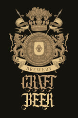 Wall Mural - banner for craft beer with a vintage coat of arms on a black background. hand-drawn vector brewery h