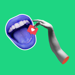 Art collage with female open mouth and social media activity sign, likes icon, heart shape over green background. Real youth modern lifestyle, internet addiction, gadgets concept