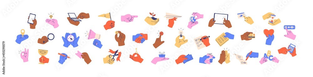 Set of colorful hands holding different objects, business papers, money, devices, credit cards, fingers pointing at screens, and gestures. Colored flat graphic vector illustration isolated on white - obrazy, fototapety, plakaty 