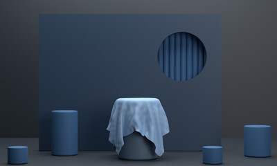 Circular podium with veil in blue tones. for displaying business products in a gloomy atmosphere. Scene stage mockup showcase for product, sale, banner, presentation, cosmetic, offer.