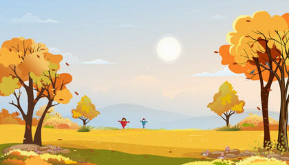 Wall Mural - Autumn rural landscape in evening light with sunset, blue and pink sky background,Vector Cartoon fall season at countryside with forest tree and grass field with sunrise,Backdrop banner for Autumnal