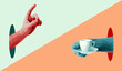 Hands. Ordering coffee and the waiter brings coffee in the morning in cafe. Provocative modern design. Сontemporary art collage in trendy urban minimalistic magazine style.