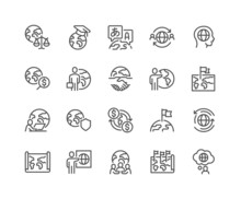 Simple Set Of Global Business Related Vector Line Icons. Contains Such Icons As World Map, Outsource, Financial Transactions And More. Editable Stroke. 48x48 Pixel Perfect.
