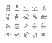 Simple Set Of Airport Related Vector Line Icons. Contains Such Icons As Departure, Tickets, Baggage Claim And More. Editable Stroke. 48x48 Pixel Perfect.