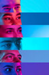 © master1305 - Flyer with close-up male and female eyes isolated on colored neon backgorund. Multicolored stripes. Flyer with copy space for ad. Composite image