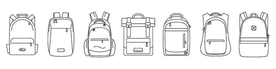 Wall Mural - backpack icon. vector illustration. set of black linear backpack icons. isolated backpack icons