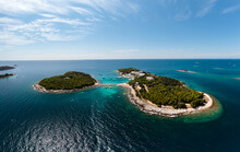 Red Island Near By Rovinj City In Croatia. Croatian Name Is Otocic Maskin. It Has A Hotel, Aquapark, Chruch Monument And Amazing Beaches
