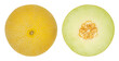 Galia melon halves, also sarda melon, isolated from above. Fresh, ripe fruit of Cucumis melo var. reticulatus, a sweet, aromatic melon with slightly green fruit flesh and a yellow, netted rind. Photo.