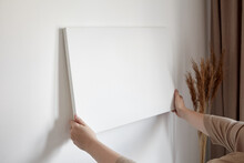 Blank Canvas In Female Hands, Picture Mockup. Woman Hanging Canvas On White Wall