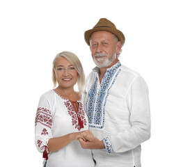 Poster - Happy mature couple in Ukrainian national clothes on white background