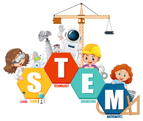 Wall Mural - stem education logo banner with kids cartoon character