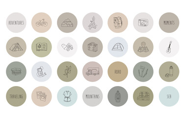 Set design colorful templates icons and emblems - social media story highlight.  travel, hiking, nature, tent, bonfire, books, guitar and more. 