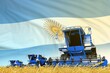 industrial 3D illustration of blue wheat agricultural combine harvester on field with Argentina flag background, food industry concept