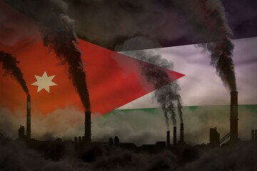 Wall Mural - heavy smoke of industrial chimneys on Jordan flag - global warming concept, background with space for your content - industrial 3D illustration