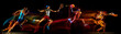 © master1305 - Development of motions of different kinds of sport games. Young men in action isolated over dark background in neon mix colored light.