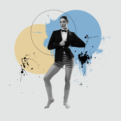 Combination of styles. Minimal art collage. One bw female fashion model in swimming trunks and classic jacket