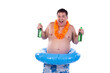 Cheerful fat man with a rubber ring. Happy man on vacation. Isolated white background.