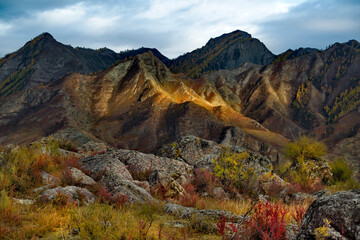 Wall Mural - Russia. South Of Western Siberia, Altai Mountains. Illuminated by the evening sun, rocky mountains in the Katun River Valley near the village of Inya.