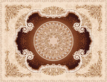3-D Ceiling Painting In Classic Style, The Arch Of The Main Hall, Gold Ornaments On Beige And Brown Background, Stucco White Ornaments