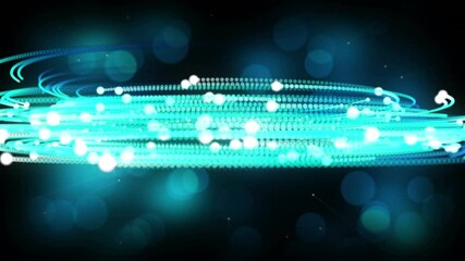 Animation of glowing blue network of lights spiralling on black background