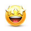 Starry eyed emoji. Golden stars for eyes excited emoticon with open smile 3D stylized vector icon