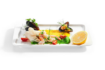 Wall Mural - Blanched seafood, cut tomatoes and lemon